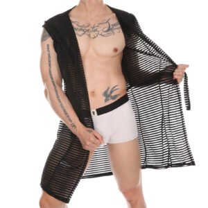 Men's Striped Sleeveless Hooded Bathrobe